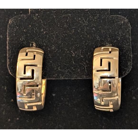 925 Sterling Silver Greek Key Post 1" Round 3/8" Wide Hoop Earrings - Picture 1 of 7